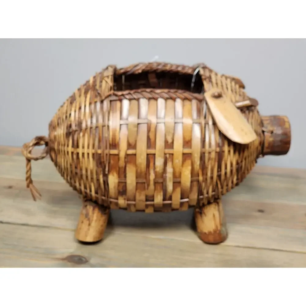 Basketville Hand Woven Wicker and Bamboo Pig Basket Planter